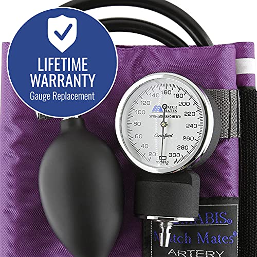 MABIS MatchMates Aneroid Sphygmomanometer and 31' Sprague Rappaport Stethoscope Combination Manual Blood Pressure Kit with Calibrated Nylon Cuff and Oversized Carrying Case, Adult Purple