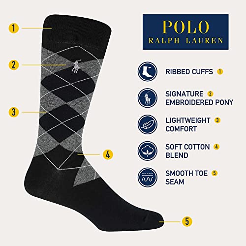 POLO RALPH LAUREN Men's Assorted Pattern Dress Crew Socks 4 Pair Pack - Soft and Lightweight Cotton Comfort, Blue, 6-12.5