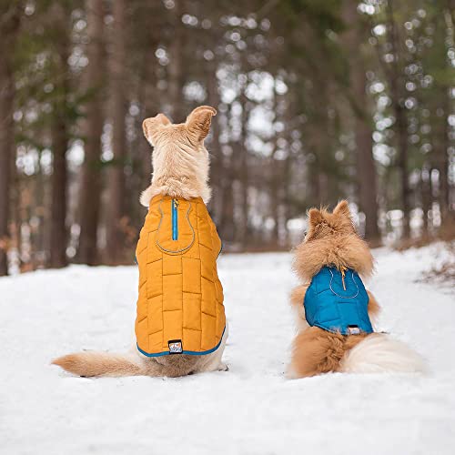 Kurgo Loft Dog Jacket - Reversible Fleece Winter Coat - Cold Weather Protection - Wear With Harness Or Additional Layers - Reflective Accents, Leash Access, Water Resistant - Coastal Blue/Orange, XS