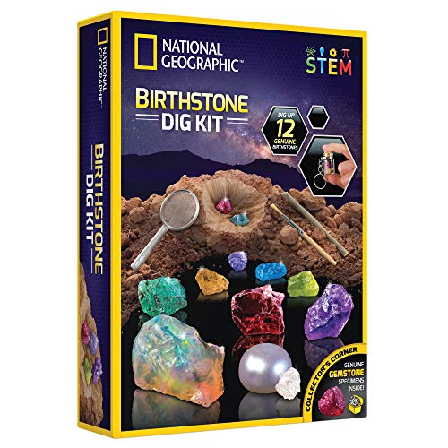 NATIONAL GEOGRAPHIC Birthstone Dig Kit - STEM Science Kit with 12 Genuine Birthstones, Includes a Real Diamond, Ruby, Sapphire, Pearl, and More, Dig Up Stunning Gemstones, Toys for Girls, Toys for Boys