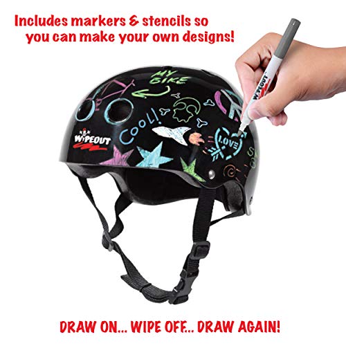 Wipeout Dry Erase Kids Helmet for Bike, Skate, and Scooter, Black, Ages 5+ (WP4002)