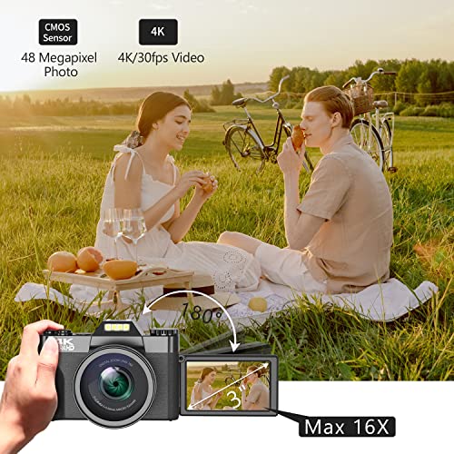 VJIANGER Digital Camera for Photography and Video 4K 48MP Vlogging Camera for YouTube with 180° Flip Screen,16X Digital Zoom,52mm Wide Angle and Macro Lens, 32GB TF Card, 2 Batteries (W01-Black)