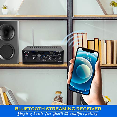 Pyle Bluetooth Mini Blue Series Home Audio Amplifier - Compact Desktop Home Theater-Stereo Amplifier Receiver with USB Charge Port - Pager and Mixer Karaoke Modes - Mic Input (40 Watt x 2) - PTA22BT