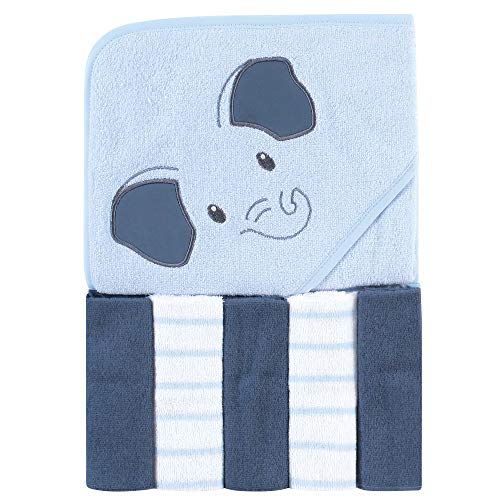 Hudson Baby Unisex Baby Hooded Towel and Five Washcloths, Blue Elephant, One Size