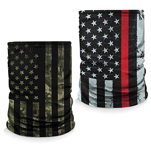 Neck Gaiter Face Mask Scarf - Proudly Made in The USA. Sun and Dust Protection, Sport, Bandanas for Fishing, Hiking, Cycling, Motorcycling, Running - Green Camo Flag and Red Stripe Flag