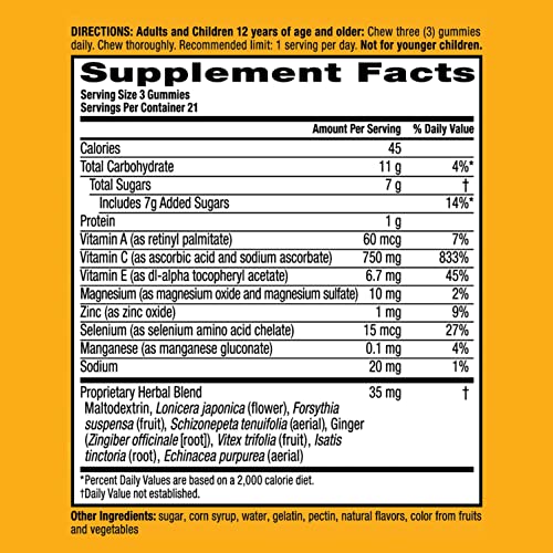 Airborne Vitamin C 750mg (per serving) - Assorted Fruit Gummies (63 count in a bottle), Gluten-Free Immune Support Supplement With Vitamins C E, Selenium