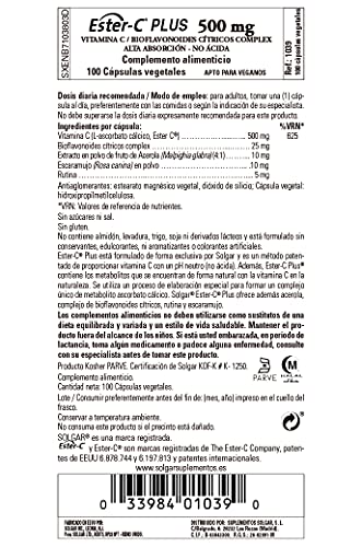 Solgar Ester-C Plus 500 mg Vitamin C (Ascorbate Complex) - Gentle and Non Acidic - Antioxidant and Immune Support - 100 Vegetable Capsules (100 Servings)