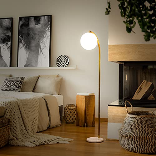 Brightech Luna Drop LED Floor Lamp, Frosted Glass Globe Arcing Living Room Lamp, Mid-Century Modern Standing Lamp for Living Rooms, Boho Rustic Indoor Tall Lamp for Bedrooms and Offices - Brass
