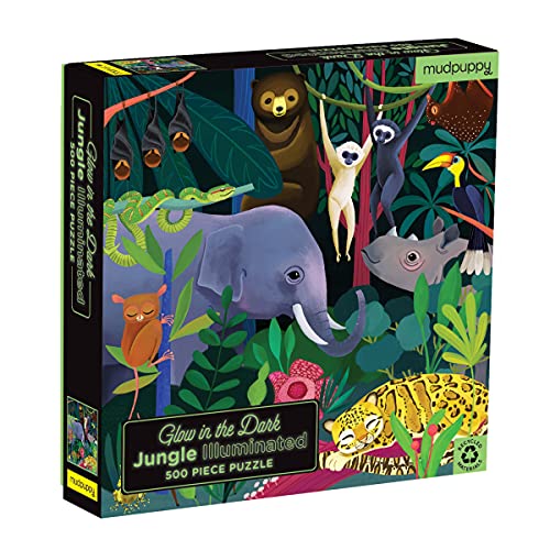 Mudpuppy Jungle Illuminated 500 Piece Glow in the Dark Jigsaw Puzzle for Kids and Families, Family Puzzle with Glow in the Dark Jungle Theme