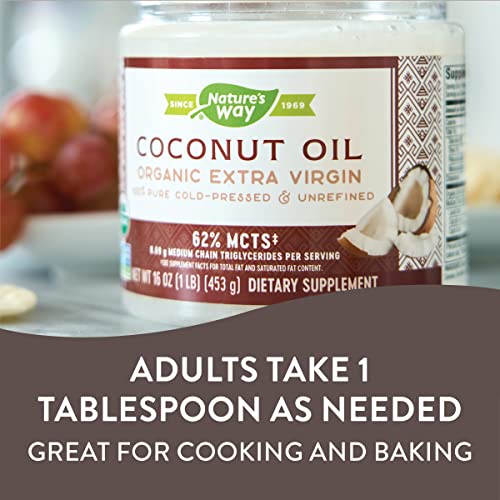 Nature's Way Organic Extra Virgin Coconut Oil, Pure and Unrefined, 62% MCTs, 16 Oz