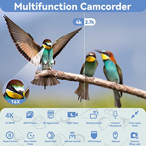 OIEXI 4k Video Camera Camcorder with 18X Digital Zoom,48MP Vlogging Camera for YouTube,3.0' IPS 270° Rotating Touchscreen,Camcorder with Microphone,Remote Control,IR Night Vision and 2 Batteries(Black)