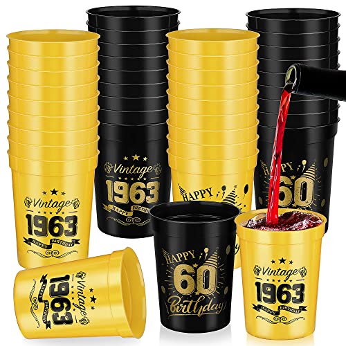 Shojoy 40 Pack Happy 60 Birthday Party Cups Black and Gold Birthday Stadium Cups 8 Ounces Reusable Plastic Tumblers for Birthday Anniversary Party Supplies Decors