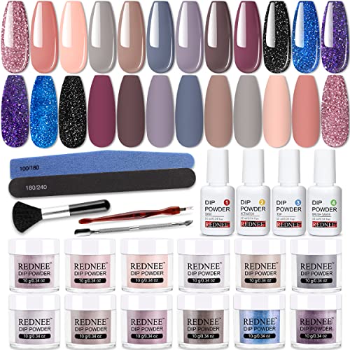 REDNEE 22 Pcs Dip Powder Nail Kit Starter 12 Colors Pink Gray Blue Dipping Powder Set with Gel Liquid and 5 Manicure Tools Dipping Essential Travel Kit - RE07 Classy Color