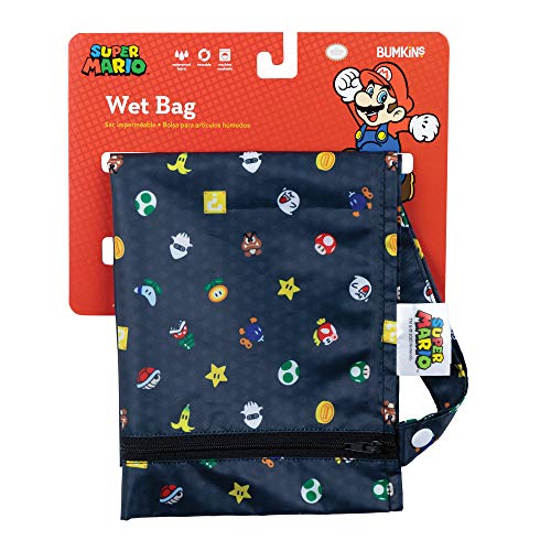 Bumkins Waterproof Wet Bags for Baby, Disney Nintendo Super Mario, Travel, Swimsuit, Cloth Diapers, Pump Parts, Gym Clothes, Toiletries, Strap to Stroller, Zipper Reusable Bag