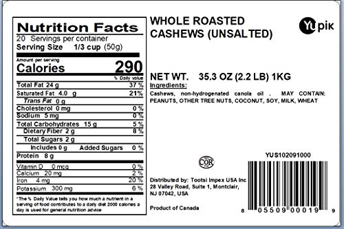 Yupik Nuts Unsalted Whole Roasted Cashews, 2.2 lb