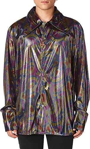 Forum Novelties Men's 70's Disco Dynamite Dude Costume Shirt, Purple/Gold/Blue, Standard