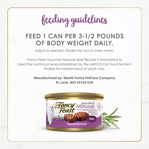 Purina Fancy Feast Pate Wet Cat Food Gourmet Naturals Beef Recipe With Added Vitamins, Minerals and Nutrients - (12) 3 oz. Cans