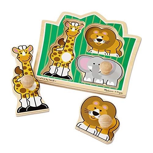 Melissa and Doug Jungle Friends Safari Animals Jumbo Knob Wooden Puzzle - Wooden Peg Chunky Baby Puzzle, Preschool Learning Puzzle, Wooden Puzzle Board For Toddlers Ages 1+