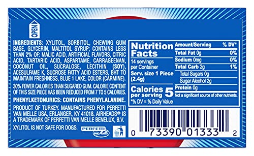 Airheads Candy, Chewing Gum, Blue Rasberry Flavor, Sugar Free, Xylitol, 14 Sticks per Pack, Box of 12 Packs