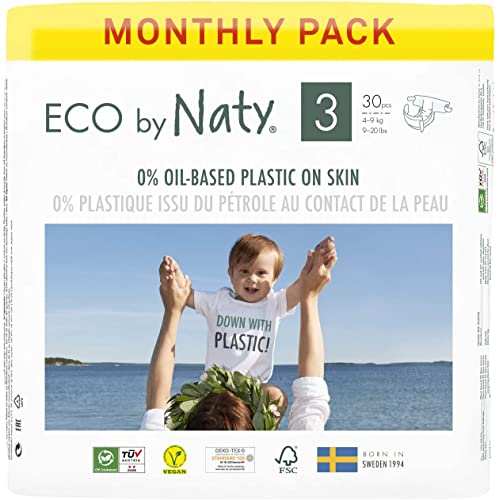 Eco by Naty Baby Diapers - Plant-Based Eco-Friendly Diapers, Great for Baby Sensitive Skin and Helps Prevent Leaking (Size 3, 180 Count)