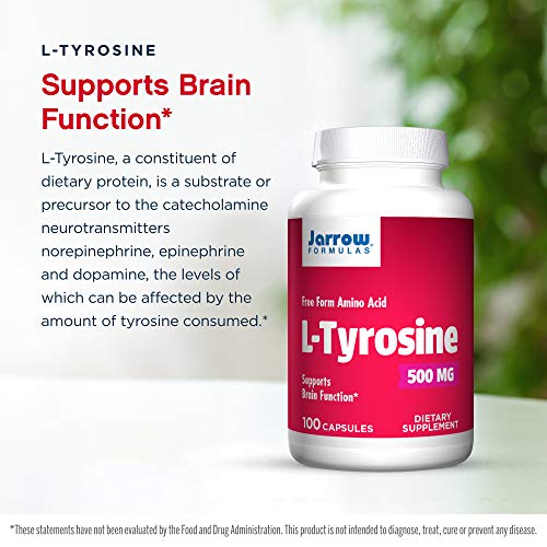 Jarrow Formulas L-Tyrosine 500 mg - 100 Capsules - Supports Brain Function - Brain Neurotransmitter Precursor - Free Form Amino Acid - Contains Pure Crystalline L-Tyrosine - 100 Servings