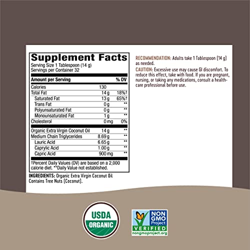 Nature's Way Organic Extra Virgin Coconut Oil, Pure and Unrefined, 62% MCTs, 16 Oz