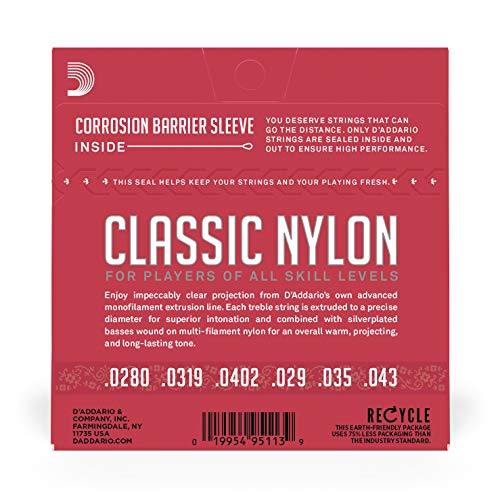 D'Addario Guitar Strings - Classic Nylon Guitar Strings - EJ27N Classical Guitar Strings - Silver Plated Wrap, Nylon Core, Clear Student Nylon Trebles - Normal Tension, 1-Pack