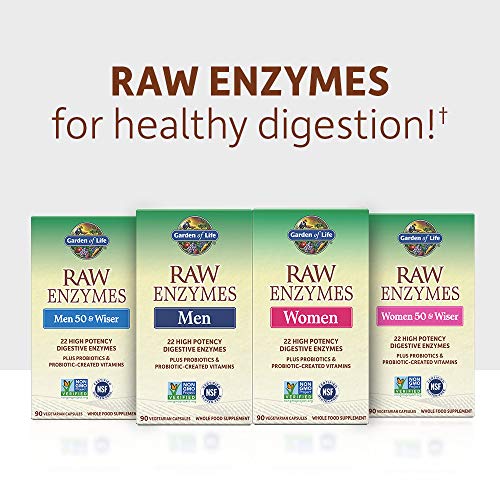 Garden of Life 22 Digestive Enzymes for Women 50 and Over with Bromelain, Papain and Lactase Plus Probiotics and Vitamins B12, Biotin and Zinc – RAW Enzymes – Non-GMO, Gluten-Free, Vegetarian, 90 Capsules