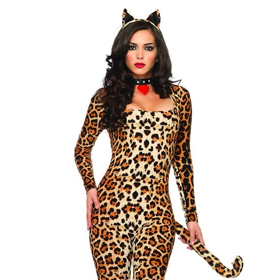 Leg Avenue 3 Piece Cougar Catsuit Costume Set-Brushed Lycra Bodysuit with Ears and Collar for Women, Leopard, Small/Medium