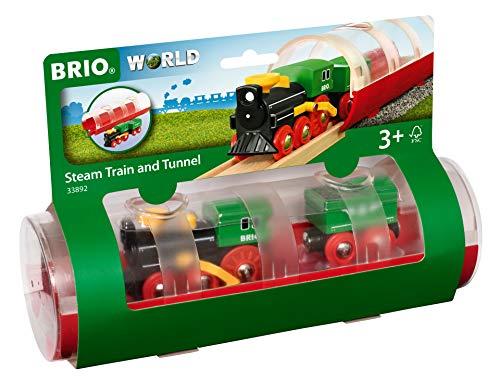 BRIO World 33892 - Steam Train and Tunnel - 3 Piece Wooden Toy Train Set for Kids Age 3 and Up