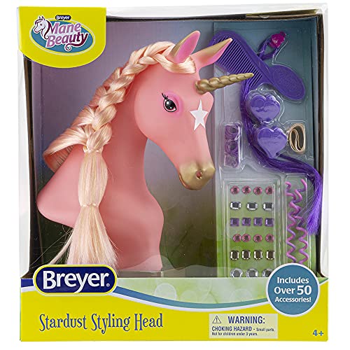 Breyer Horses Beauty Styling Head | Stardust | Pink Extra-Long Silky No Tangle Mane | 10' x 4.25' x 4.25' | Styling Book, Brush, Hair Coils, Clips, Elastics | Unicorn Toy | Model #7405