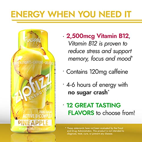 Zipfizz 2oz Energy Shot - Pineapple Flavor | Hydrating Electrolyte Drinks w/Liquid B12, Caffeine, Ginseng, and Vitamins | Low Carb, Gluten Free, Sugar Free Energy Drink (6 Pack)