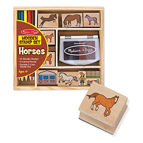 Melissa and Doug Wooden Stamp Activity Set: Horse Stable - 10 Stamps, 5 Colored Pencils, 2-Color Stamp Pad - Horse Stamps With Washable Ink, Horse Gifts For Girls And Boys Ages 4+
