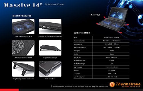 Thermaltake Massive 14 Steel Mesh Panel Dual 140mm Blue LED Fan Adjustable Speed Control 10'-17' Device Notebook Cooling Pad CL-N001-PL14BU-A