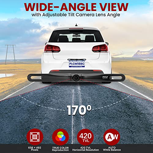 Pyle License Plate Rear View Camera - Built-in Distance Scale Lines Backup Parking/Reverse Assist Waterproof Adjustable Slim Bar Cam w/ 420 TVL Resolution and RCA Output Zinc Black Chrome PLCM18BC