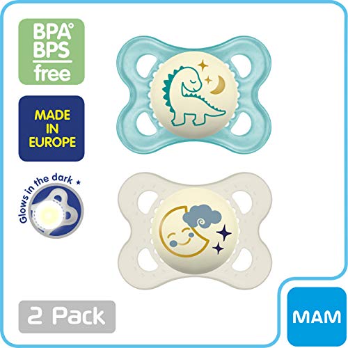 MAM Night Pacifiers 0-6 Months, Best for Breastfed Babies, Glow in the Dark, Baby Boy, 2 Count