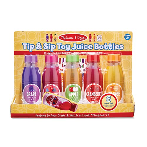 Melissa and Doug Tip and Sip Toy Juice Bottles and Activity Card (6 Pcs) - Pretend Play Food Set, Play Kitchen Food For Ages 3+
