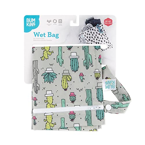 Bumkins Waterproof Wet Bag, Washable, Reusable for Travel, Beach, Pool, Stroller, Diapers, Dirty Gym Clothes, Wet Swimsuits, Toiletries, 12x14, Cactus