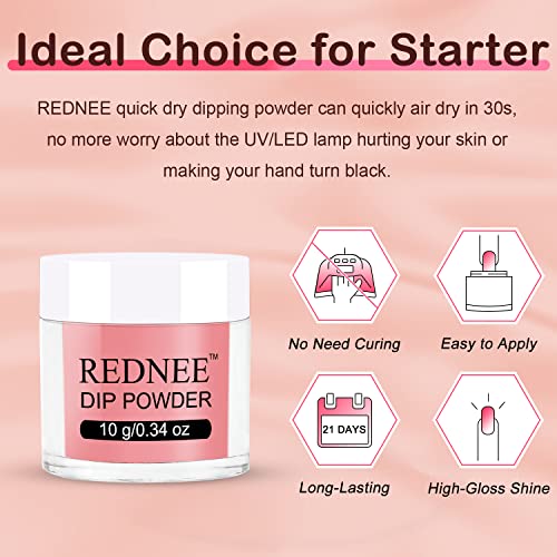 REDNEE 21 Pcs Dip Powder Nail Kit Starter - 12 Colors Nude Pink Glitter Fast Dry Dipping Powder Essential Kit for French Nail Manicure Nail Art Set RE34