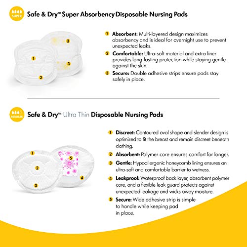 Medela Safe and Dry Ultra Thin Disposable Nursing Pads, 30 Count Breast Pads for Breastfeeding, Leakproof Design, Slender and Contoured for Optimal Fit and Discretion