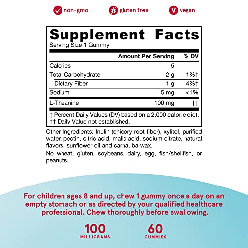 Jarrow Formulas Theanine Gummies 100 mg - 60 Apple Gummies - Neurologically Active Amino Acid - Found in Green Tea - Promotes Relaxation and Calmness - Sugar Free - 60 Servings (PACKAGING MAY VARY)