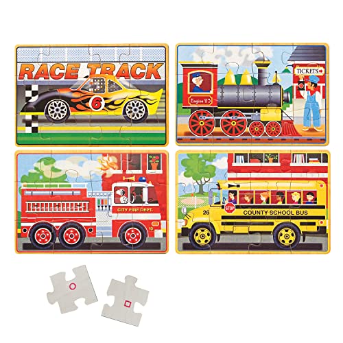 Melissa and Doug Vehicles 4-in-1 Wooden Jigsaw Puzzles in a Storage Box (48 pcs) - Toddler , Fire Truck Puzzles For Kids Ages 3+ - FSC-Certified Materials