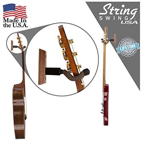 String Swing Guitar Hanger - Holder for Electric Acoustic and Bass Guitars - Stand Accessories Home or Studio Wall - Musical Instruments Safe without Hard Cases - Black Walnut Hardwood CC01K-BW 2-Pack