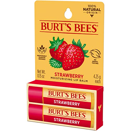 Burt's Bees Mothers Day Lip Balm Gifts for Mom, Moisturizing Lip Care, for All Day Hydration, 100% Natural, Strawberry (2 Pack)