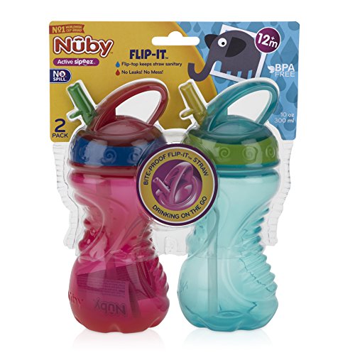 Nuby 2-Pack Flip-It Easy Grip Cups with Easy-Flo Straw, 10 Ounce, Colors May Vary