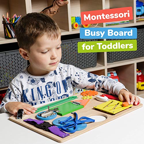 deMoca Busy Board for Toddlers, Montessori Toy for 3 Year Old with 10 Educational Toddler Activities to Develop Fine Motor Skills, Learning Wooden Travel Toy for Plane and Car Journey