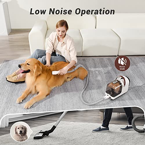 Bunfly Pet Clipper Grooming Kit and Vacuum Suction 99% Pet Hair, 7 Pet Grooming Tools, 3L Large Capacity Easy Clean Dust Cup for Pet Hair, Home Cleaning（Brown）