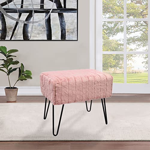 Home Soft Things Super Mink Faux Fur Pink Ottoman Bench, 19' x 13' x 17', Rose Smoke, Living Room Foot Rest Stool Entryway Makeup Bench End of Bed Bedroom Home Decor Chair for Sitting