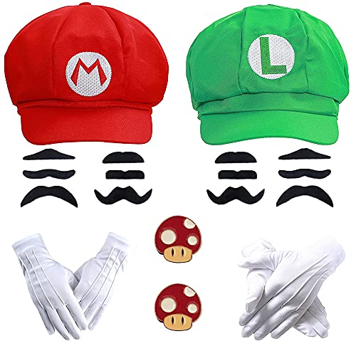 EIKOU Super Bros Mari and Luigi Unisex Hat Cap set Gloves Mushroom Brooch Cosplay Costume (Red and Green) 2Pcs