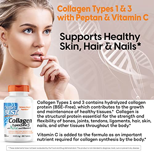 Doctor's Best Collagen Types 1 and 3 with Peptan, Non-GMO, Gluten Free, Soy Free, Supports Hair, Skin, Nails, Tendons and Bones, 1000 mg, 180 Tablets